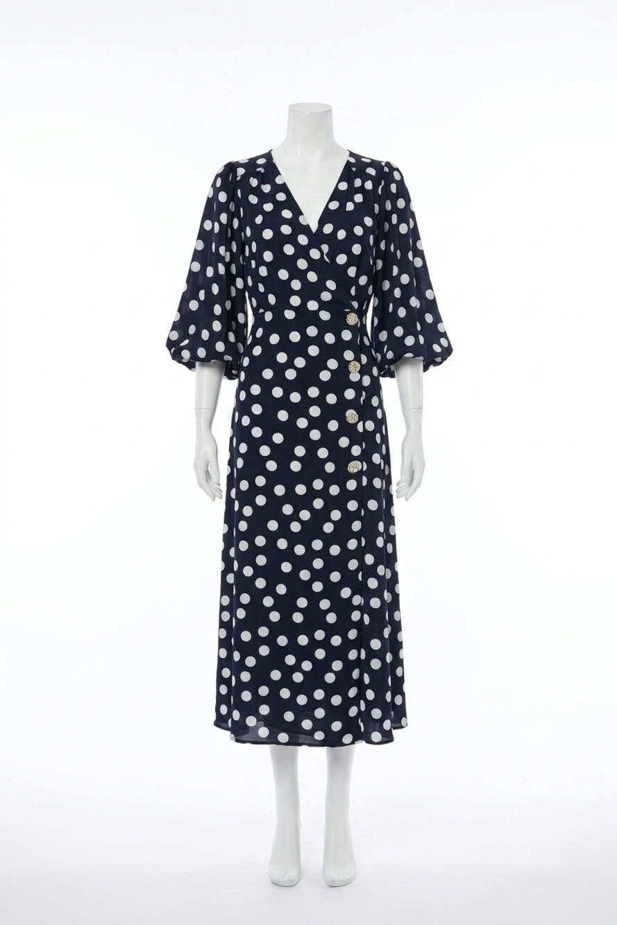 NEW JOSEPH RIBKOFF polka dot puff sleeves wrap dress in midnight blue/vanilla